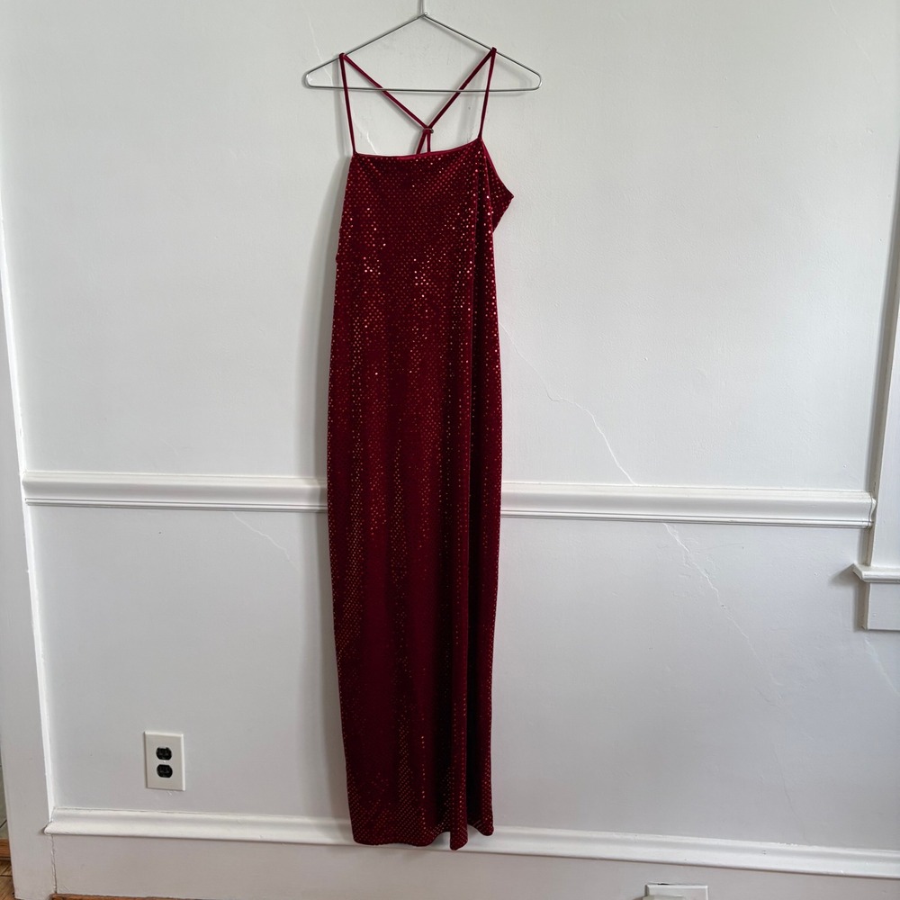 RAG Confetti Dot Sequin Velvet Maxi Dress M Red Good Racerback 90s Vintage